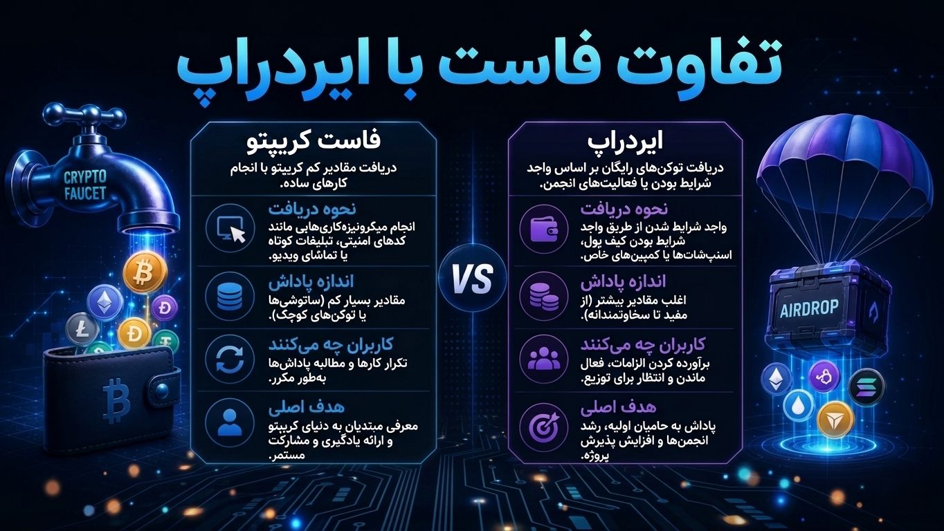 فاست ارز دیجیتال چیست؟ راهنمای کسب ارز دیجیتال رایگان با Faucet 6 تفاوت فاست با ایردراپ